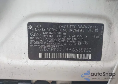 2011 BMW 328I xDrive z USA, uszkodzony, nr VIN WBAPK5C53BA655230